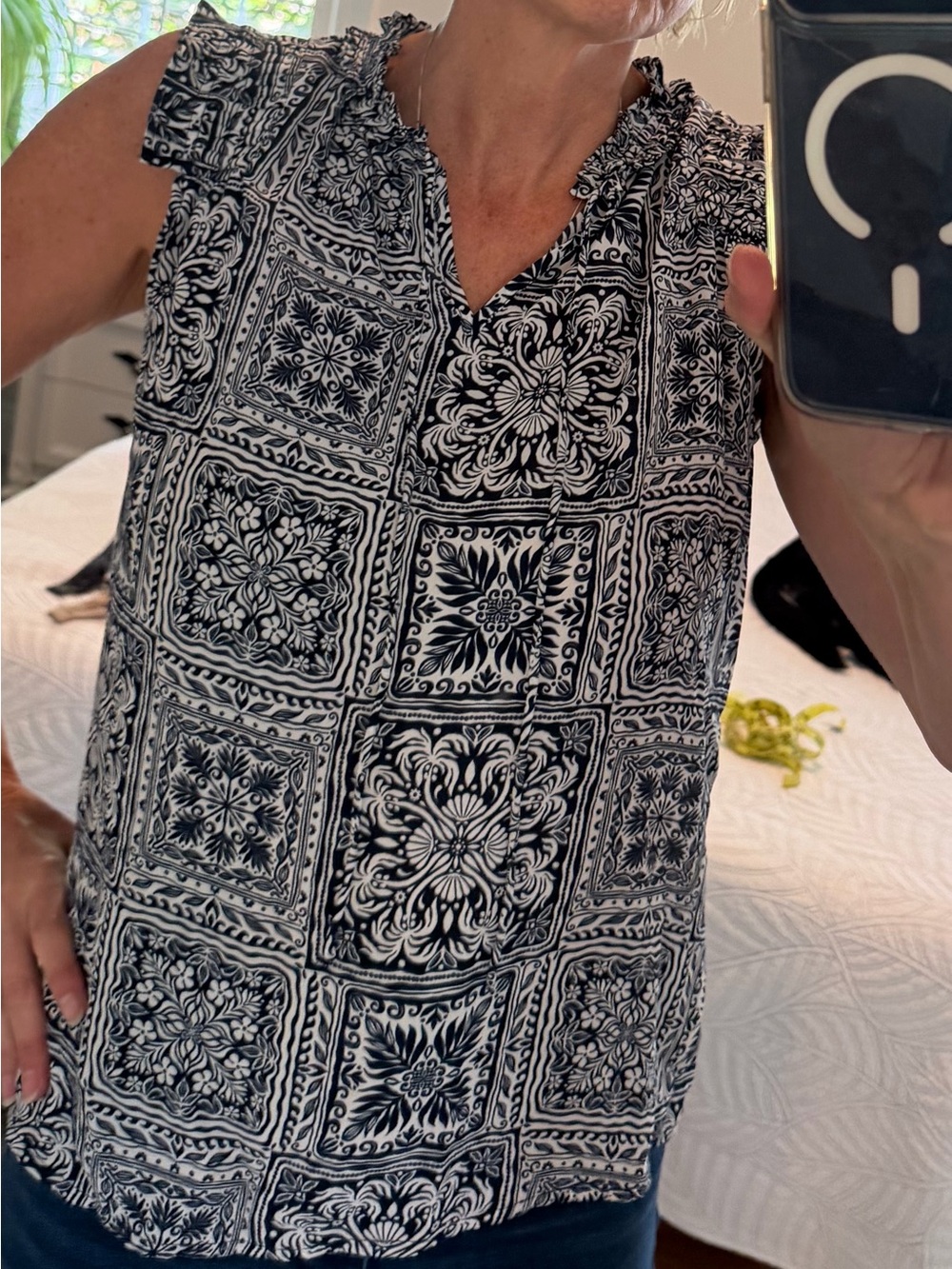 Zac & Rachel Blue and White Printed Ruffle V-Neck Top